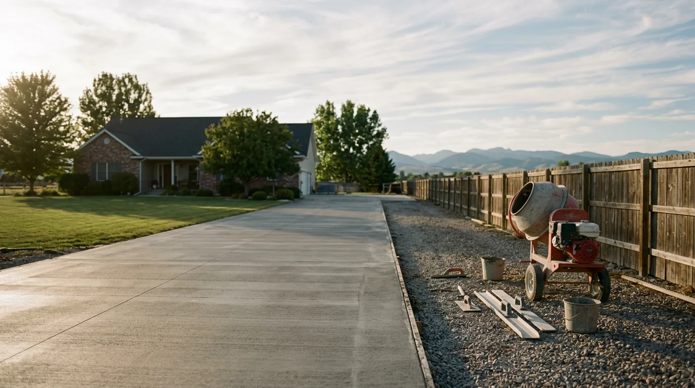 Concrete contractor pouring and finishing a residential concrete patio in Great Falls, Montana.