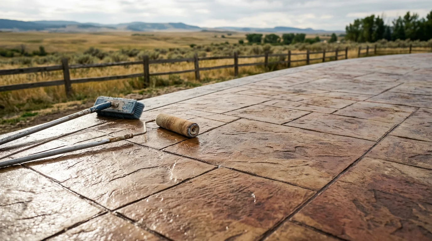 Decorative stamped and stained concrete patio with protective sealing applied.