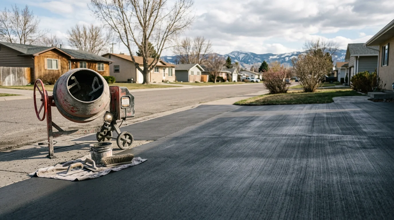 Concrete overlay being applied to restore a worn residential driveway.