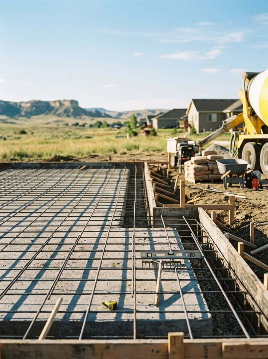 Concrete foundation pour on a Billings Heights residential lot showing rebar placement before the pour.
