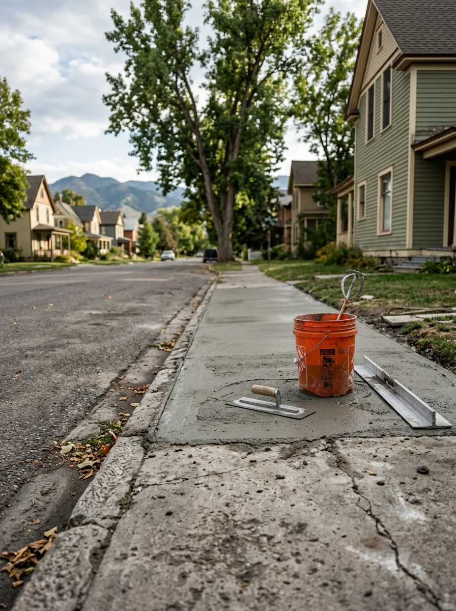 Concrete overlay being applied to aging flatwork in a Bozeman historic district neighborhood.