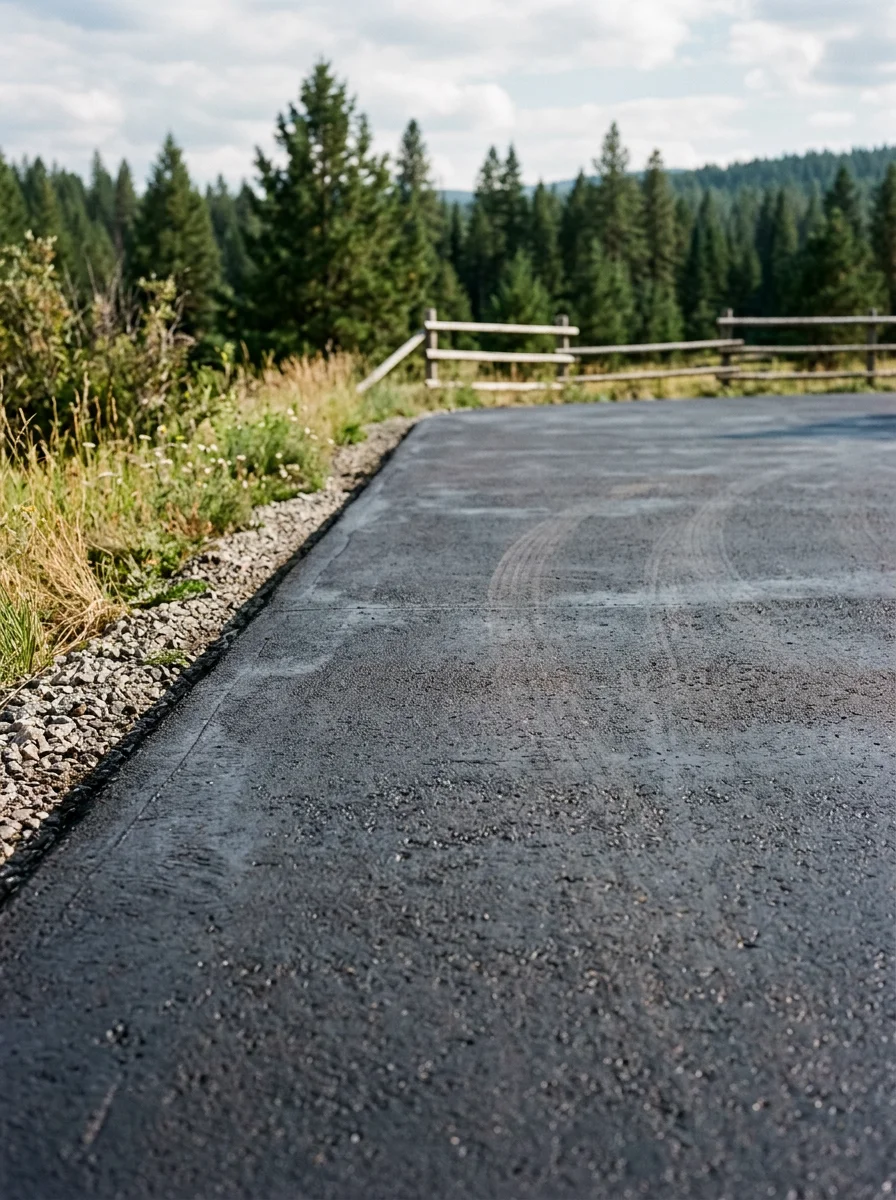 Close-up of a sealed and colored concrete driveway on a rural Flathead area acreage lot.