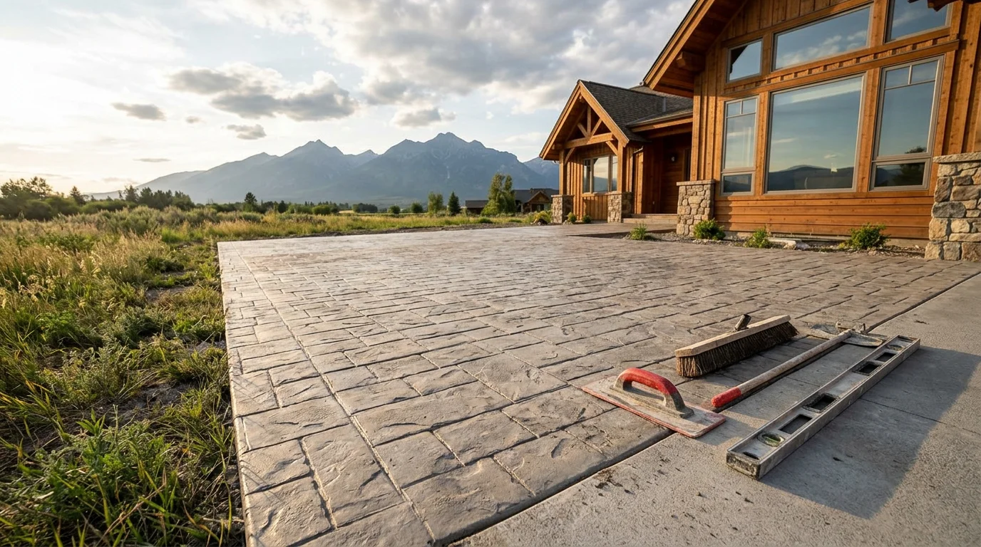 Freshly poured stamped concrete patio on a Flathead Valley property with mountain views in the background.
