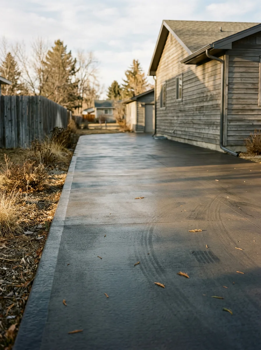 Sealed concrete driveway in a Great Falls neighborhood showing a clean, crack-free surface after winter.