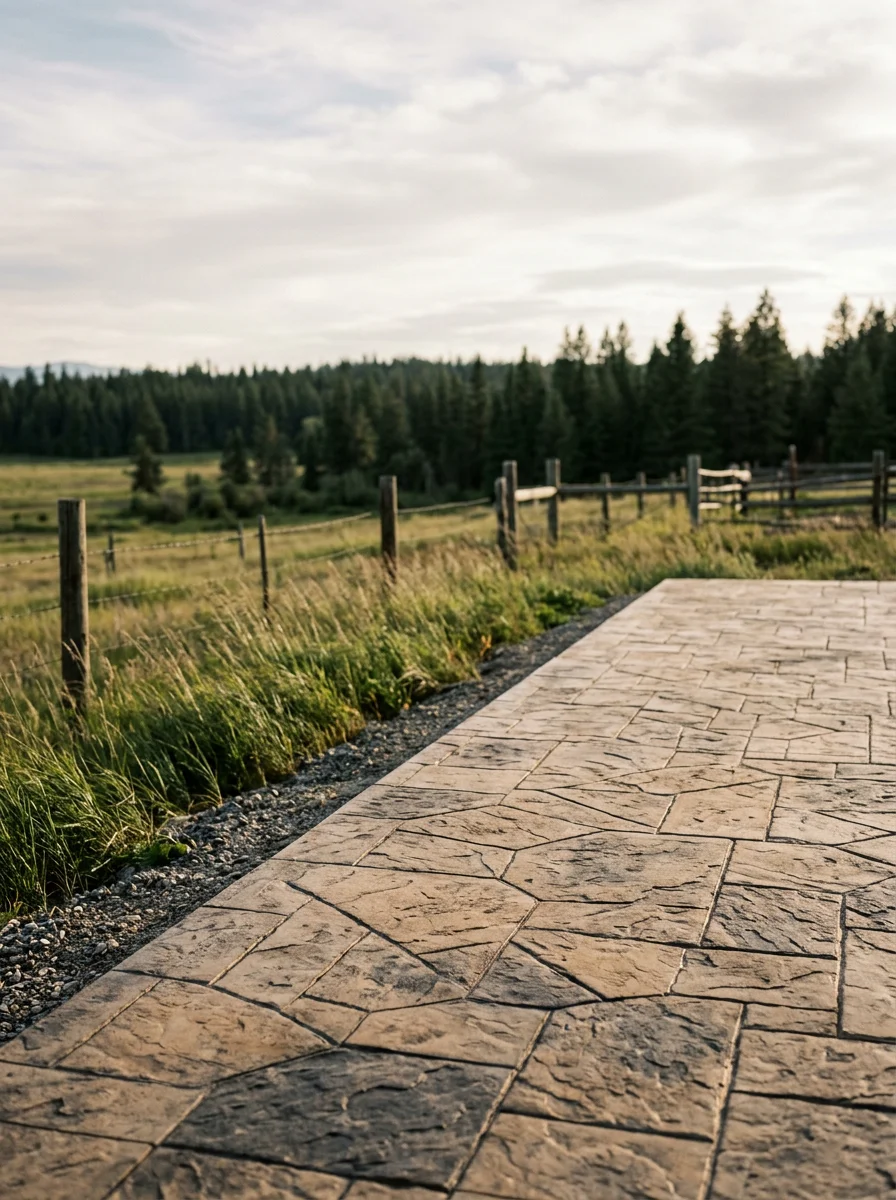 Stamped concrete patio on an Evergreen acreage lot near Kalispell showing a textured stone pattern finish.
