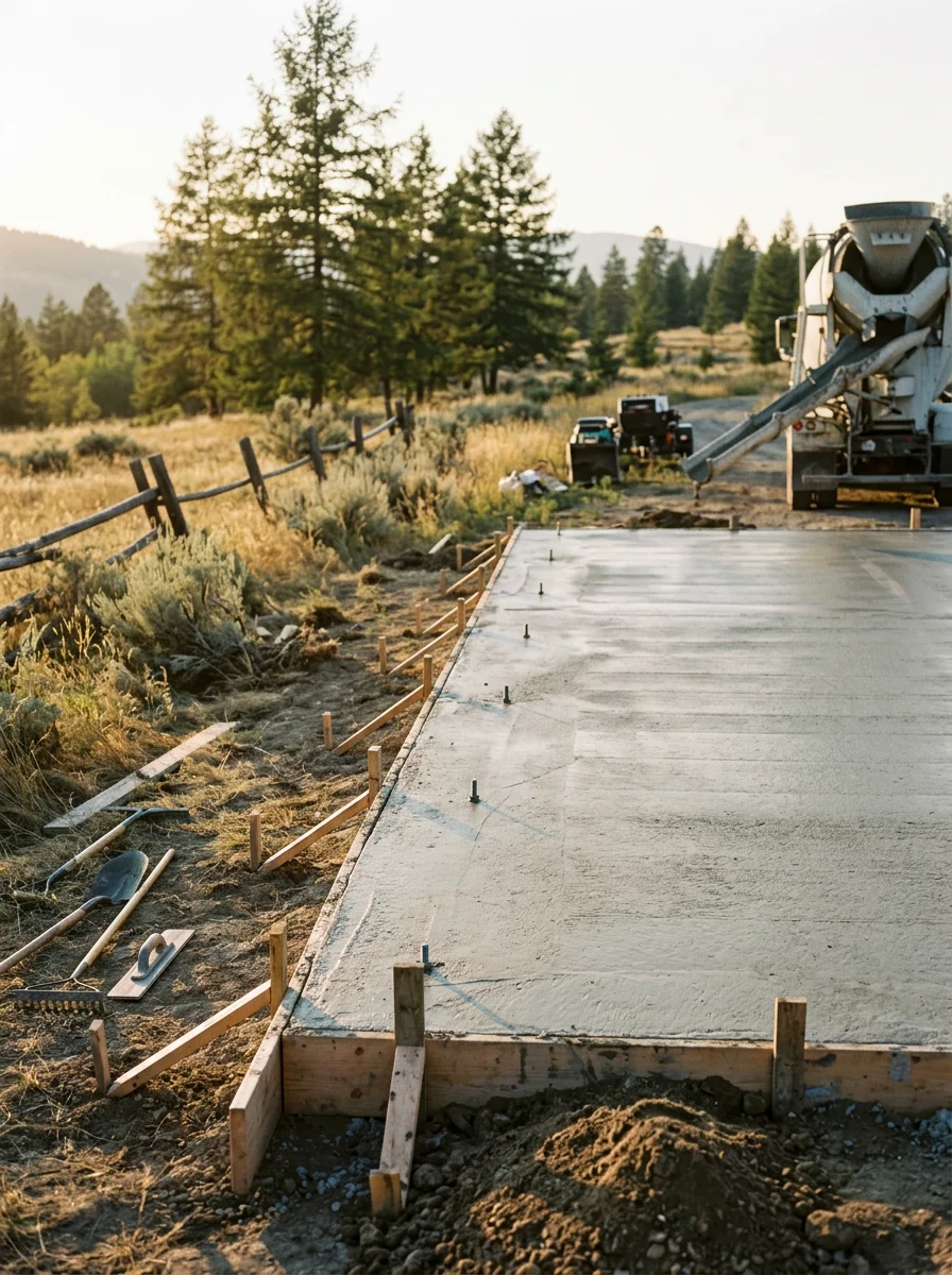New concrete foundation pour on a residential lot in Missoula's Grant Creek area.