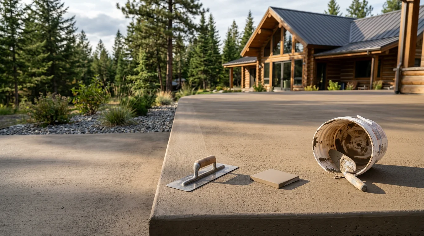 A freshly poured and sealed colored concrete driveway in a residential neighborhood in the Flathead area of Montana, showing a warm earth-tone finish with clean edges and a smooth surface.