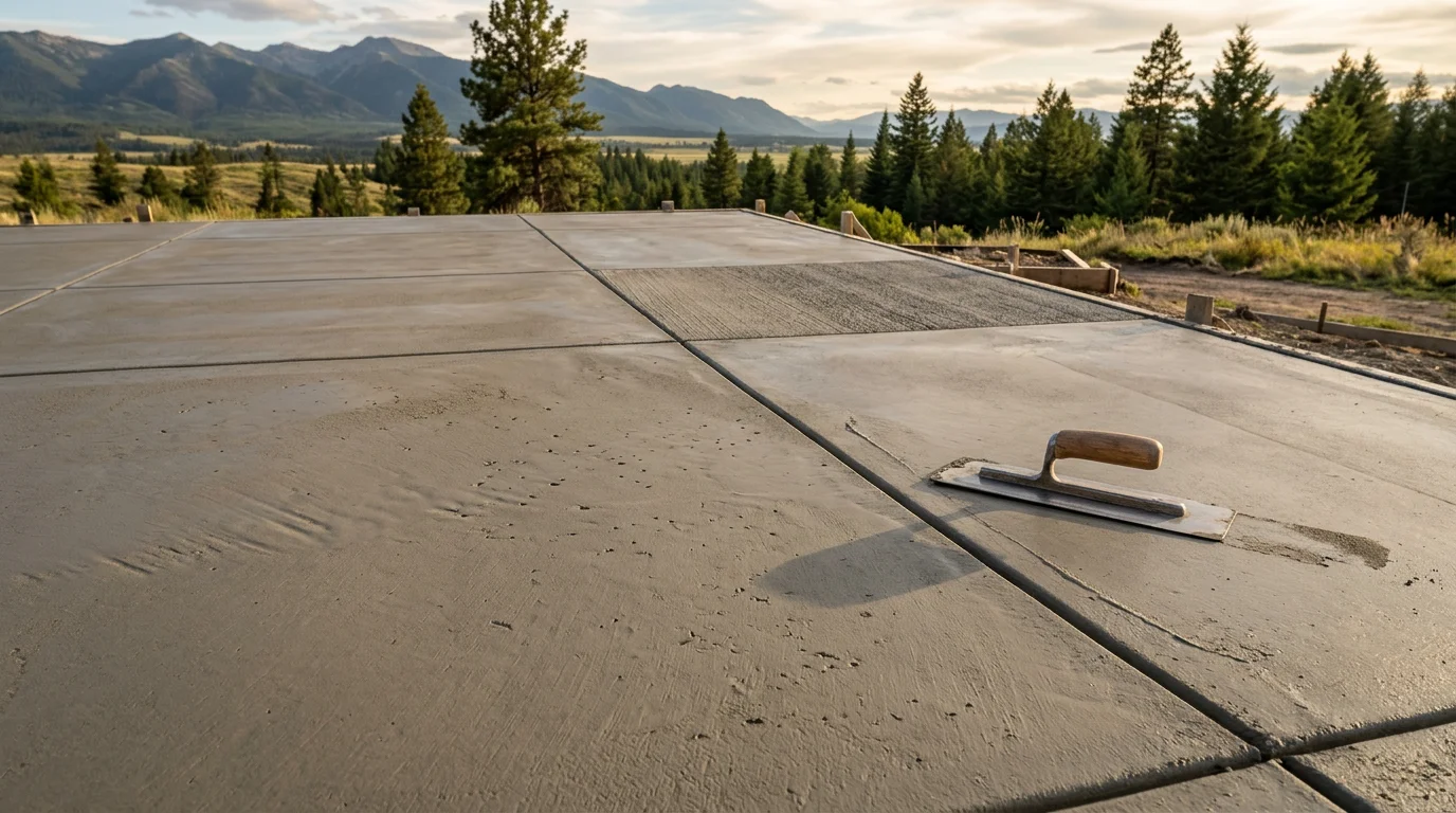 A freshly broom-finished concrete driveway slab in the Flathead area of Montana, showing clean control joint lines and a uniform textured surface ready for use.
