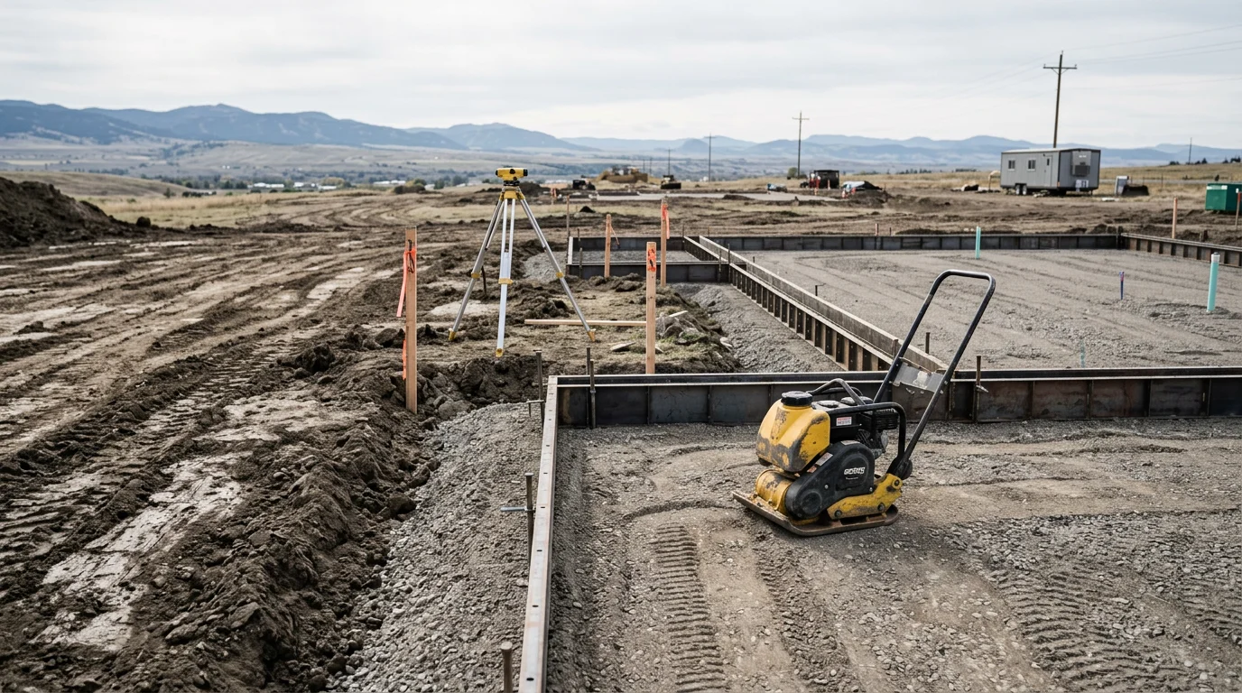 A compacted gravel sub-base with set concrete forms ready for a foundation pour on a residential lot in the Flathead area of Montana. The graded surface and form boards show the concrete prep stage before pouring begins.