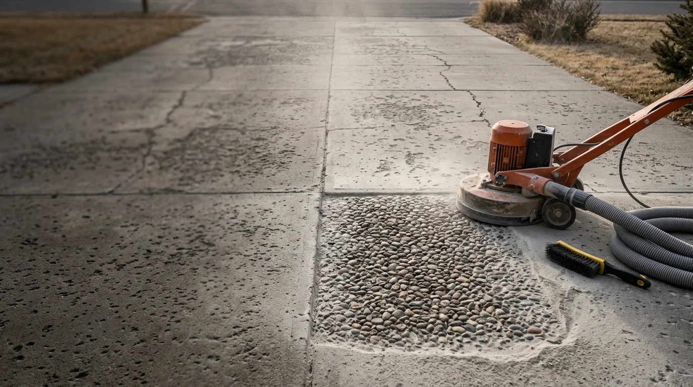 A restored concrete driveway in the Flathead area showing a smooth, crack-free surface after spalling and freeze-thaw damage were repaired. Close-up detail shows the repaired surface edge where flaking and rough aggregate have been corrected.