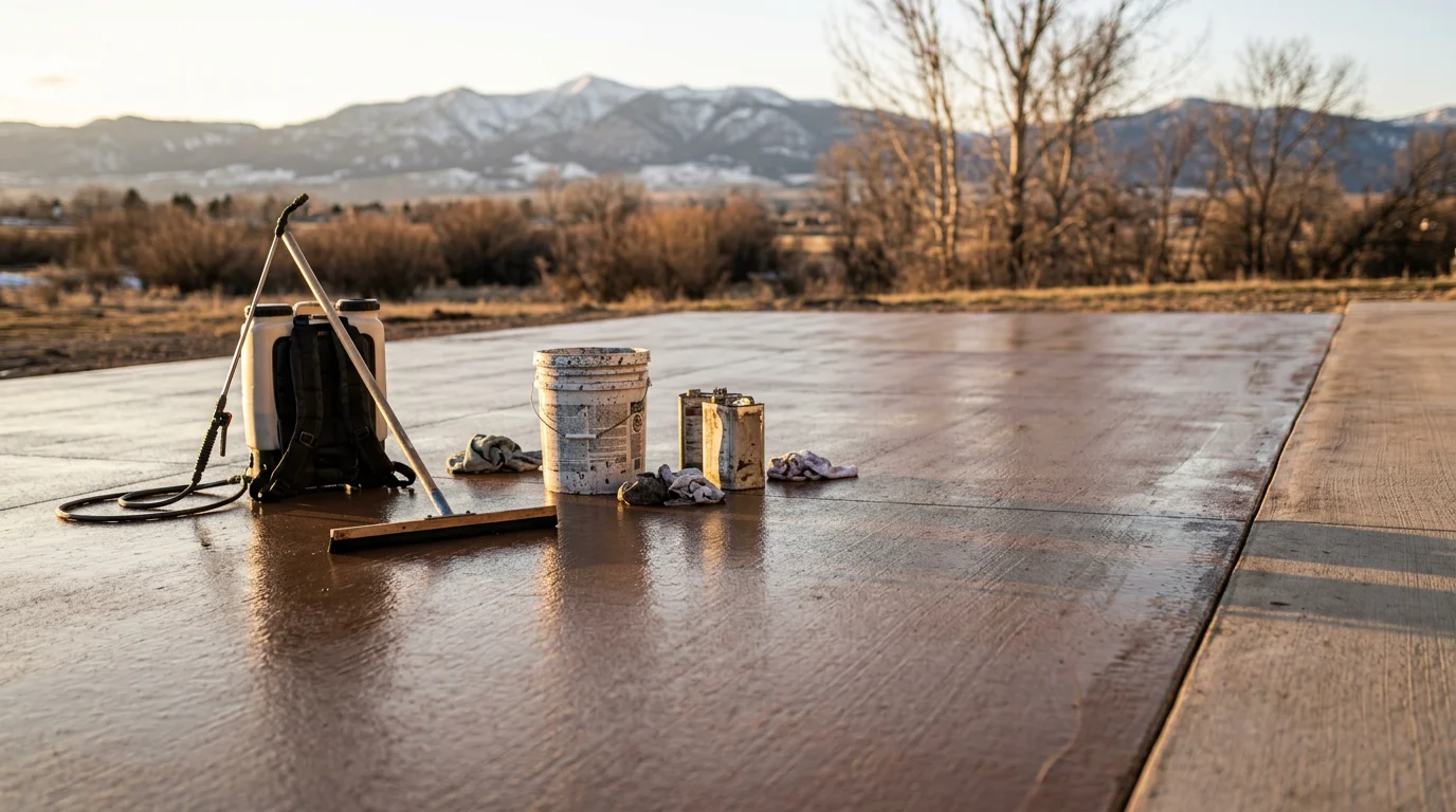 A freshly sealed concrete driveway in the Flathead area of Montana with a smooth, even surface finish. The slab shows no visible cracking or spalling, reflecting the protective coating applied before winter.