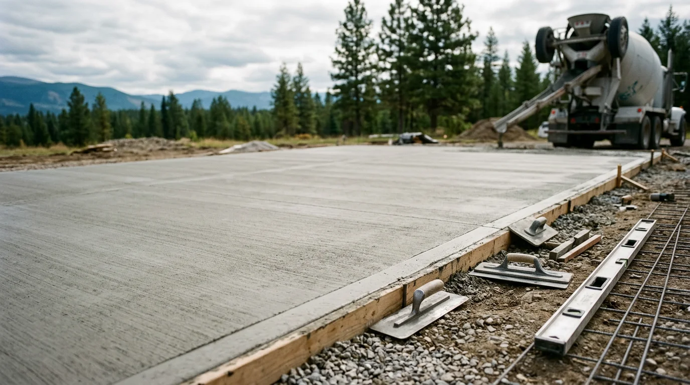 A freshly poured custom concrete slab on a residential property in the Flathead area of Montana, showing clean edges and a smooth finish suited for the local climate. The surrounding landscape reflects the mountain region setting typical of northwest Montana.