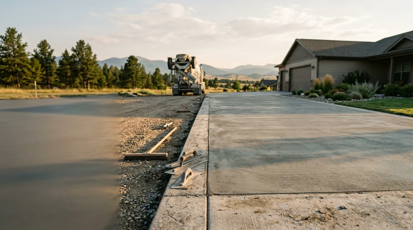 A freshly applied concrete driveway overlay on a residential property in the Flathead area of Montana, showing a smooth, even surface with clean edges alongside a single-family home.