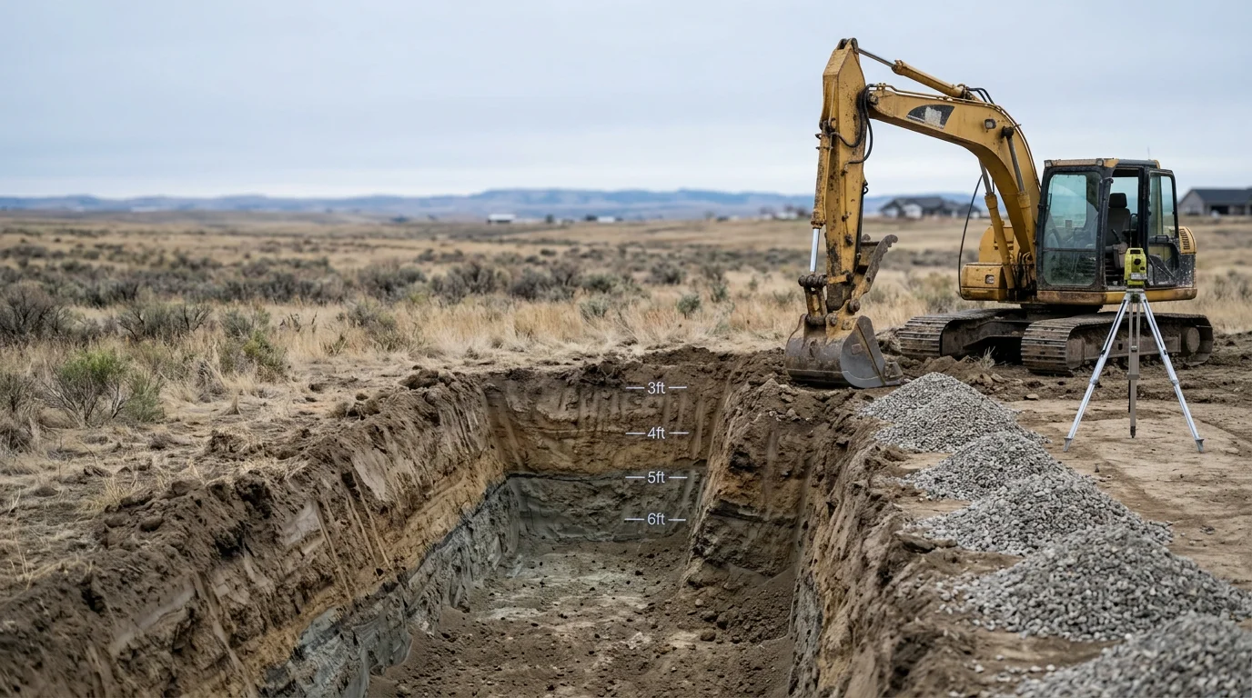 An excavator digging a deep foundation trench on a residential property in the Flathead area of Montana, with rocky soil and mountain terrain visible in the background. The trench walls are clean and level, ready for foundation work to begin.