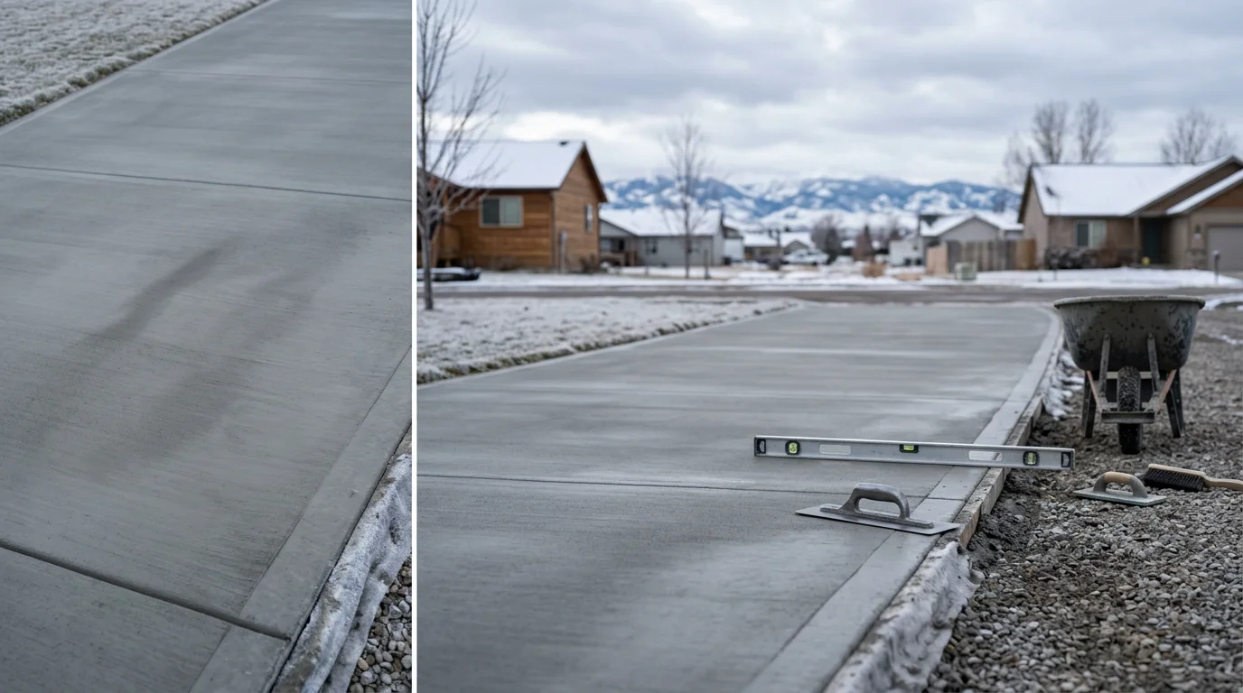 Freshly poured and broom-finished concrete driveway at a residential property in the Flathead area of Montana. The slab runs from the street to a two-car garage with clean formed edges and control joints visible across the surface.