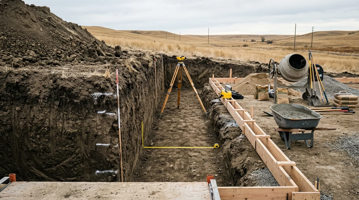 Freshly poured concrete foundation walls and footings on a residential construction site in the Flathead area of Montana. The foundation is set at full depth on a cleared lot with surrounding mountain terrain visible in the background.