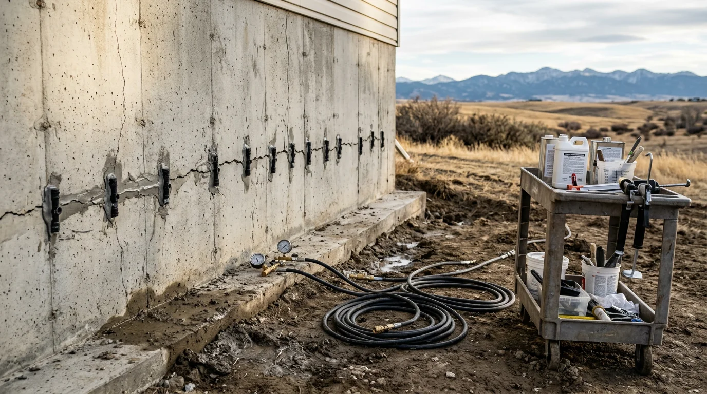A repaired concrete foundation wall in a Flathead area home basement, showing sealed cracks and stabilized concrete block. Work completed by All Pro Concrete serving the Flathead Valley and surrounding Montana communities.