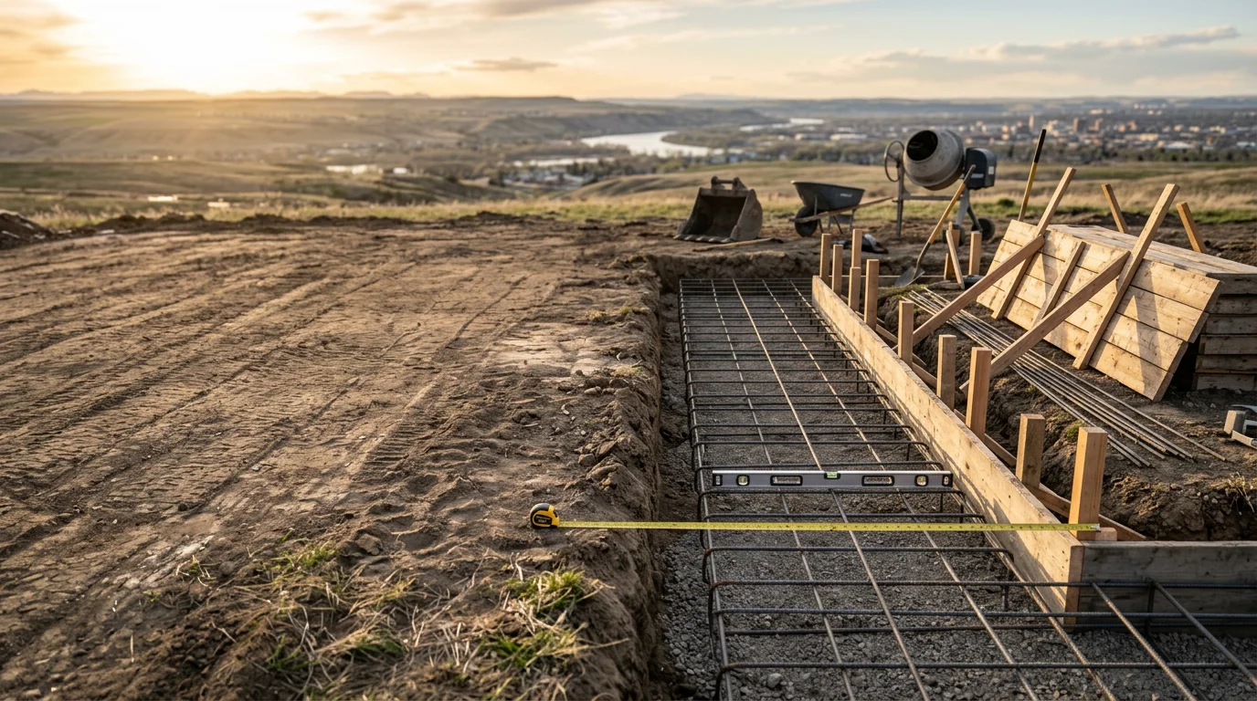 A freshly poured concrete foundation wall with visible rebar reinforcement on a residential building site in the Flathead area of Montana. Snow-capped mountains are visible in the background against a clear sky.