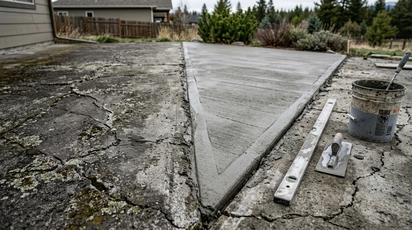 A freshly applied concrete overlay on a residential garage floor in the Flathead area of Montana, showing a smooth, uniform surface with a clean finished edge. The overlay covers the full slab with no visible cracks or scaling from the original concrete beneath.
