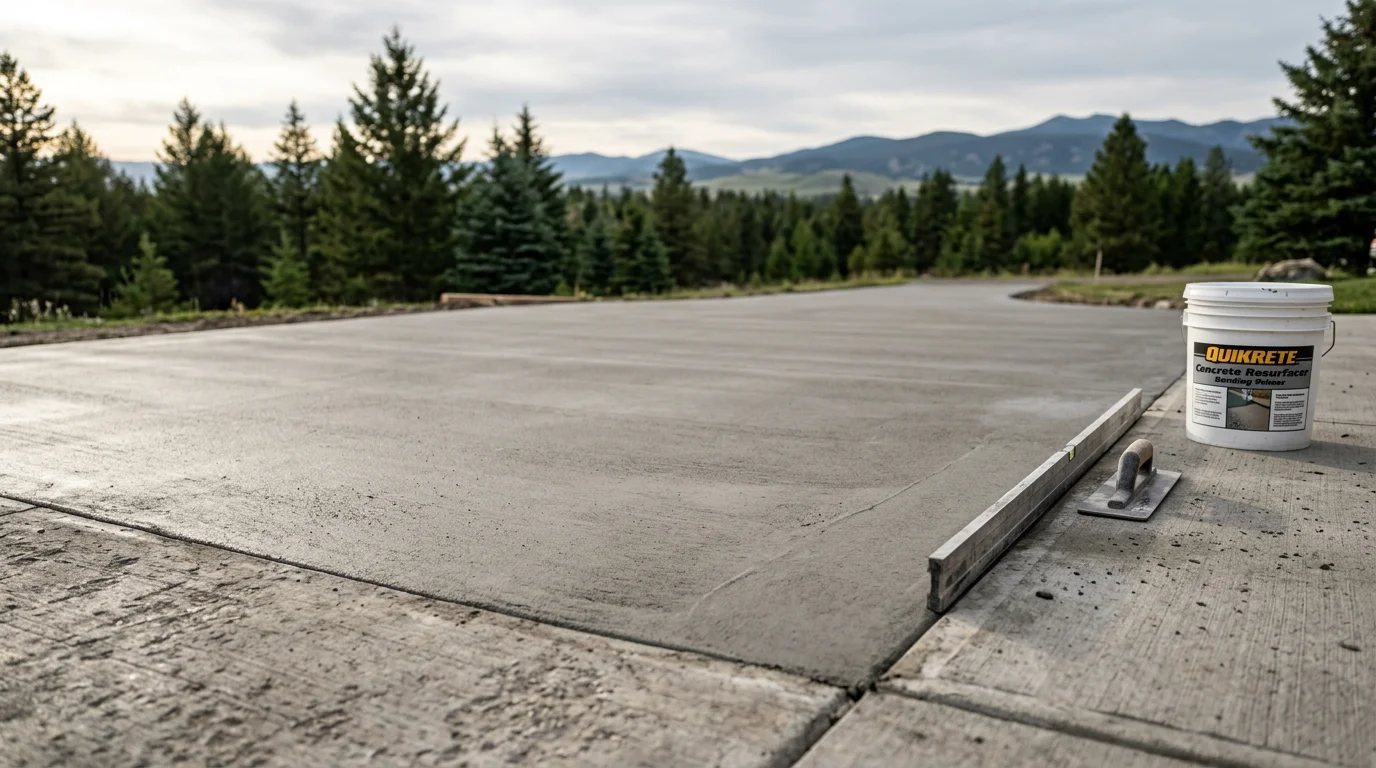 A freshly resurfaced concrete driveway in the Flathead area of Montana, showing a smooth, uniform surface free of cracks and spalling. The restored slab contrasts with the surrounding worn concrete edges, illustrating the result of professional concrete resurfacing work.