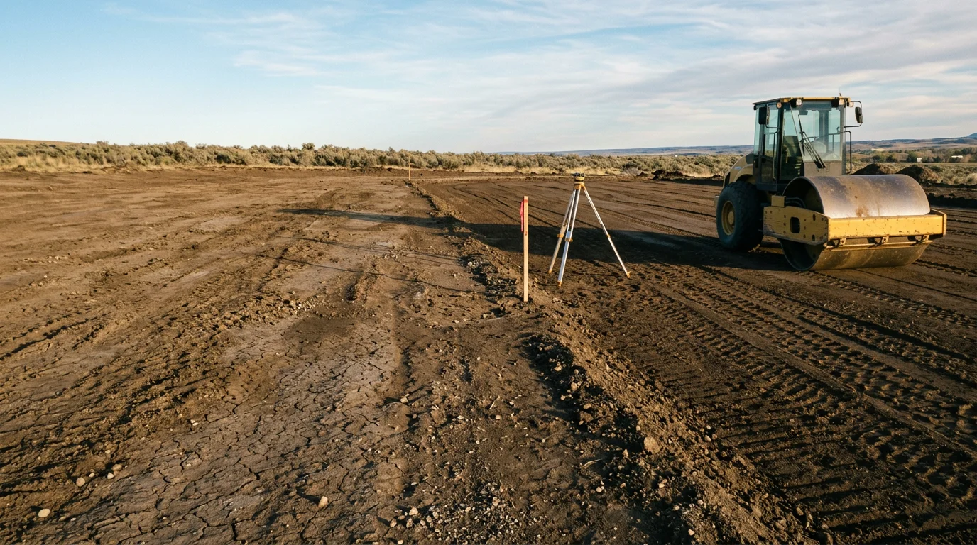 A graded and compacted build site in the Flathead area of Montana, with level soil prepared for a concrete foundation pour. Surrounding mountain terrain is visible in the background.