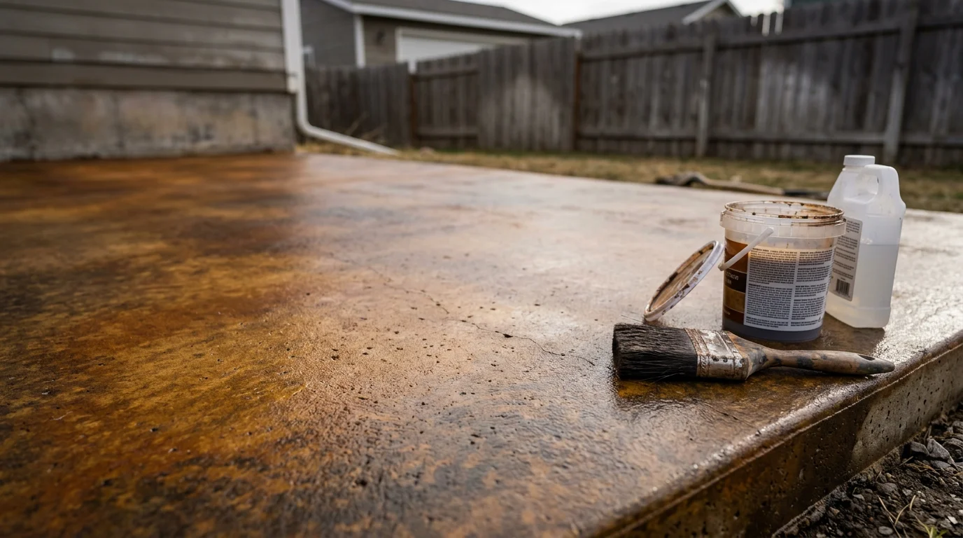 A sealed stained concrete patio with rich earth-tone coloring outside a Montana home in the Flathead area. The surface shows the depth and variation of penetrating stain against a backdrop of mountain landscape.