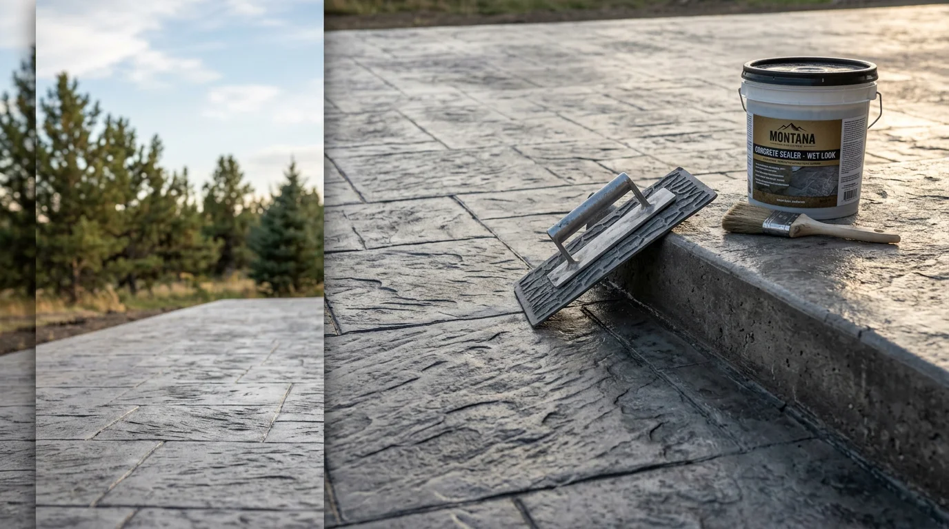 Stamped concrete patio with a natural stone pattern installed behind a residential home in the Flathead area of Montana. The surface shows defined texture and earthy tones suited to the surrounding mountain landscape.